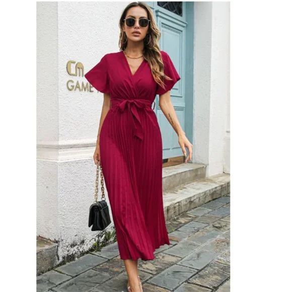 Flutter Sleeve Belted Surplice Midi Dress - Picture 4 of 9